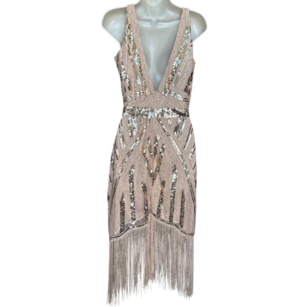 Unique Vintage Blush Pink Sequin Fringe V Neck Flapper Dress M NWOT - Picture 5 of 8